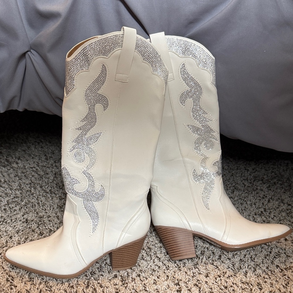 White bedazzled tall cowgirl boots